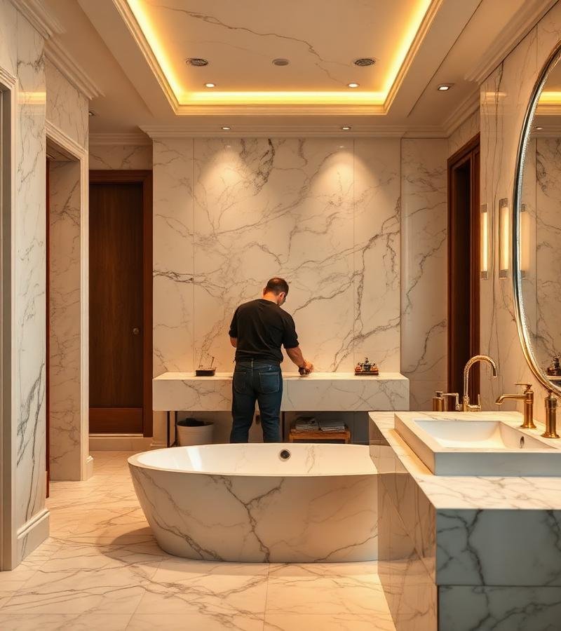 Meloart craftsmen installing luxury bathroom
